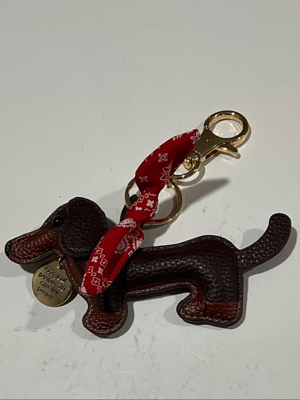 Brown Leather Dachshund Keychain with Red Bandana and Gold Hardware